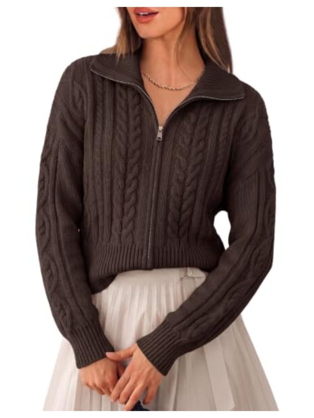 PRETTYGARDEN Cable Knit Cropped Cardigan Zip Up Sweater